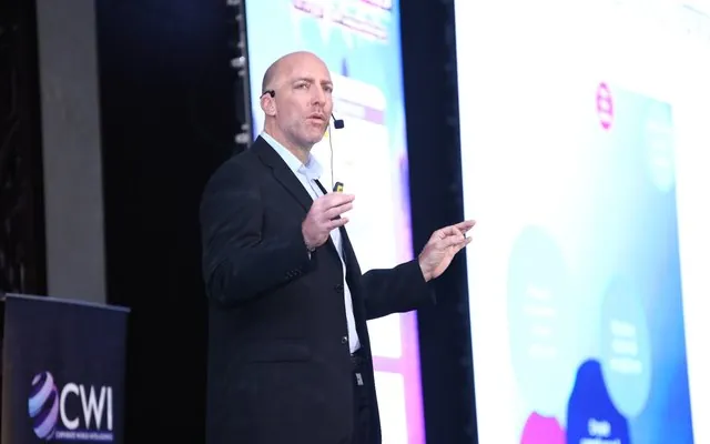 Olivier Gomez on stage at a Corporate World Intelligence event in Dubai, February 2024